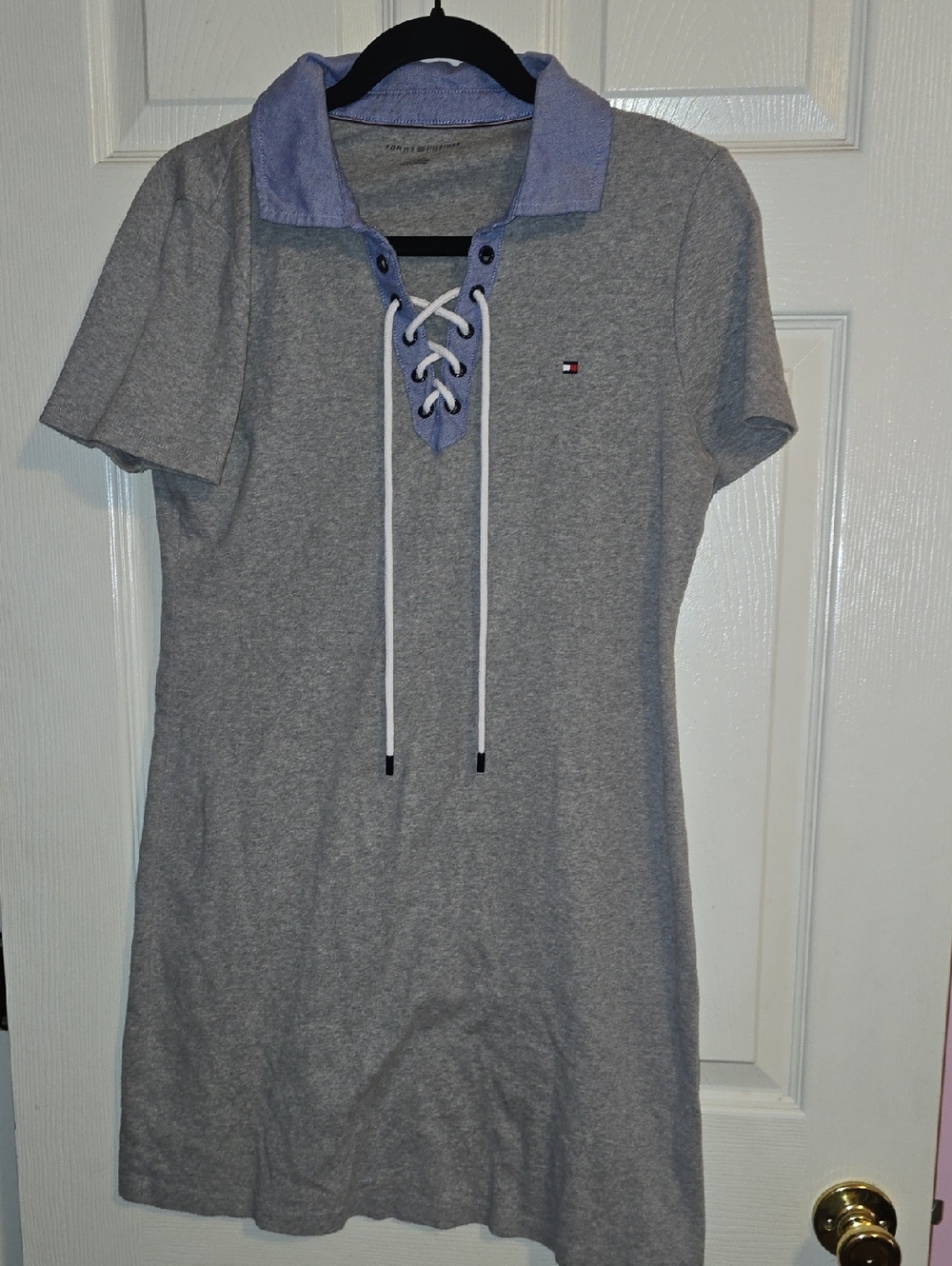 Tommy Hilfiger Gray Dress‎ with Light Blue Collar and Lace-Up Front